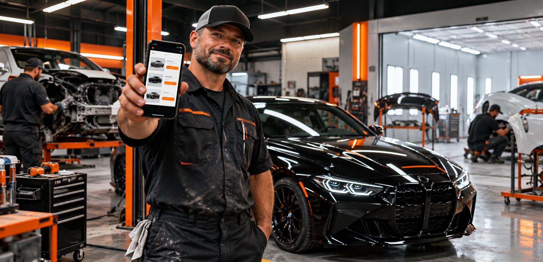 Technician working on a vehicle on a collision shop floor