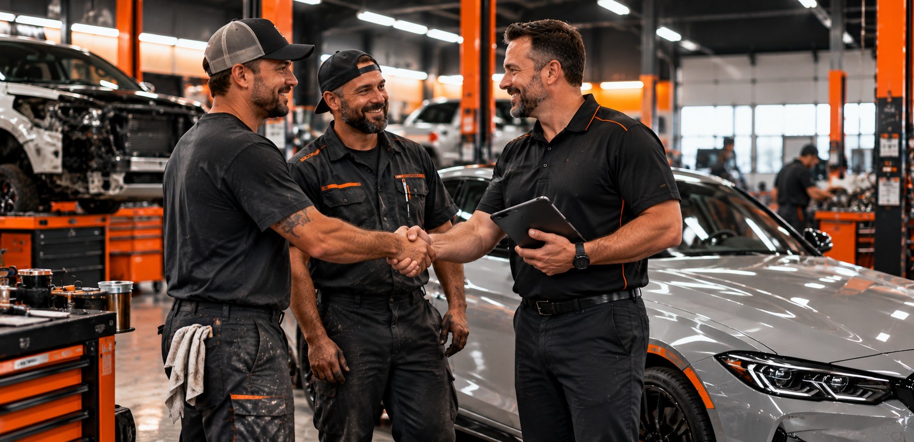 Shop owner and technician shaking hands after a completed job